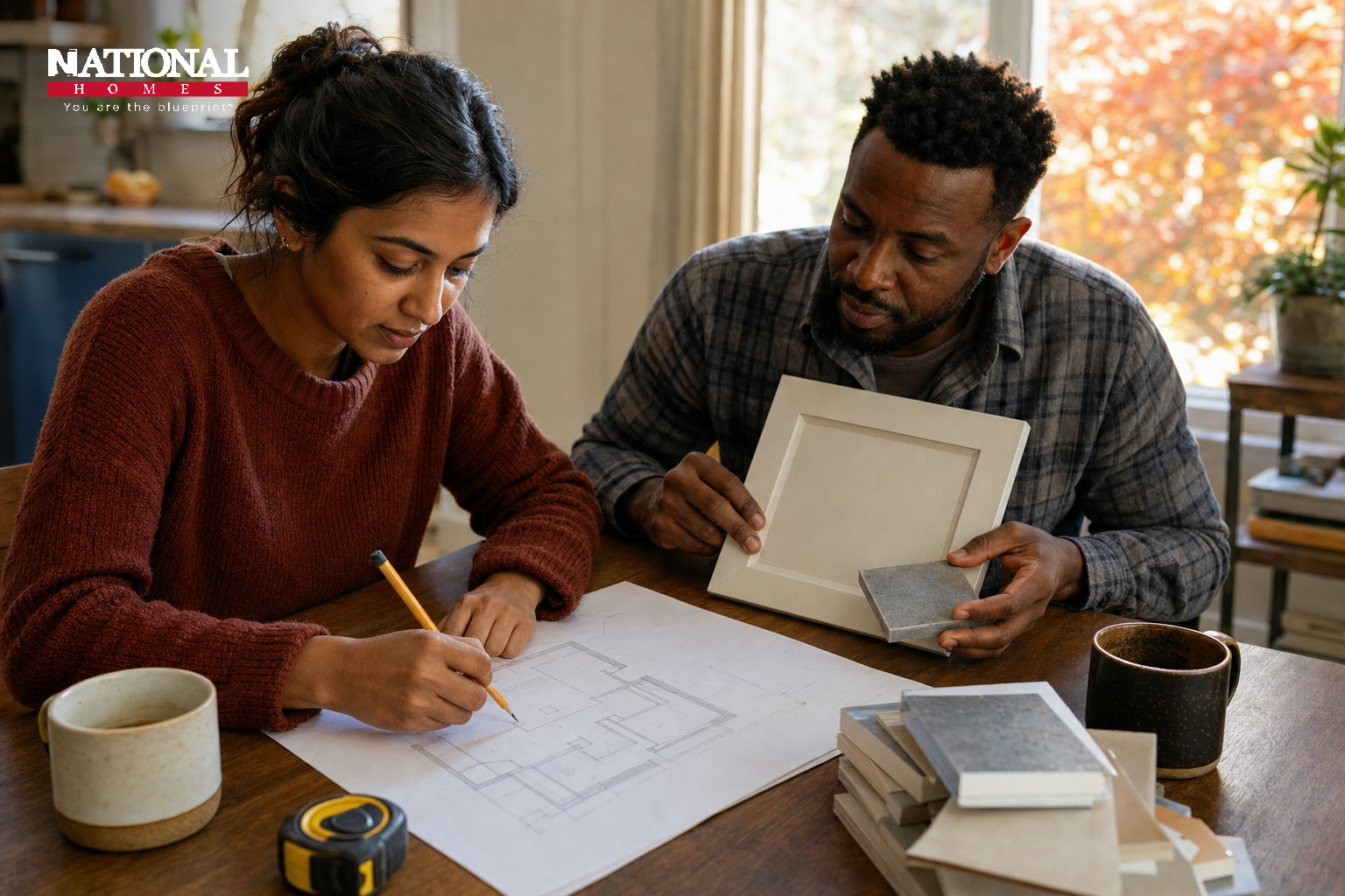 A couple at a table marking up a floor plan while comparing a cabinet door and stone samples