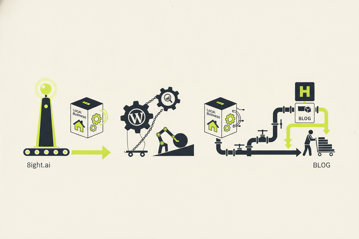 8ight.AI, WordPress with Rank Math, and HubSpot Blog for local business publishing
