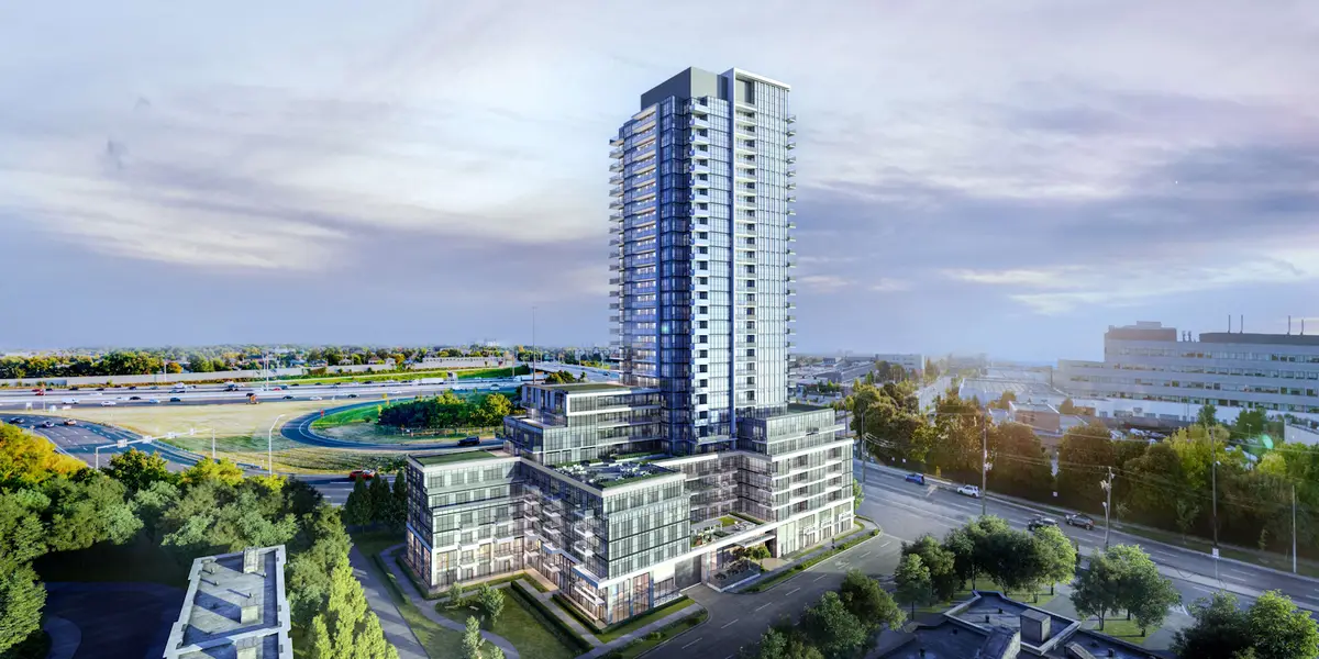 Architectural rendering of 2699 Keele Street, a mixed-use condominium with grade-level retail beside Highway 401 in Downsview, Toronto
