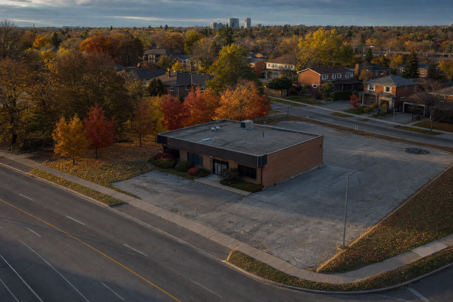 Underused single-storey commercial lot with empty parking beside a leafy residential neighbourhood in autumn