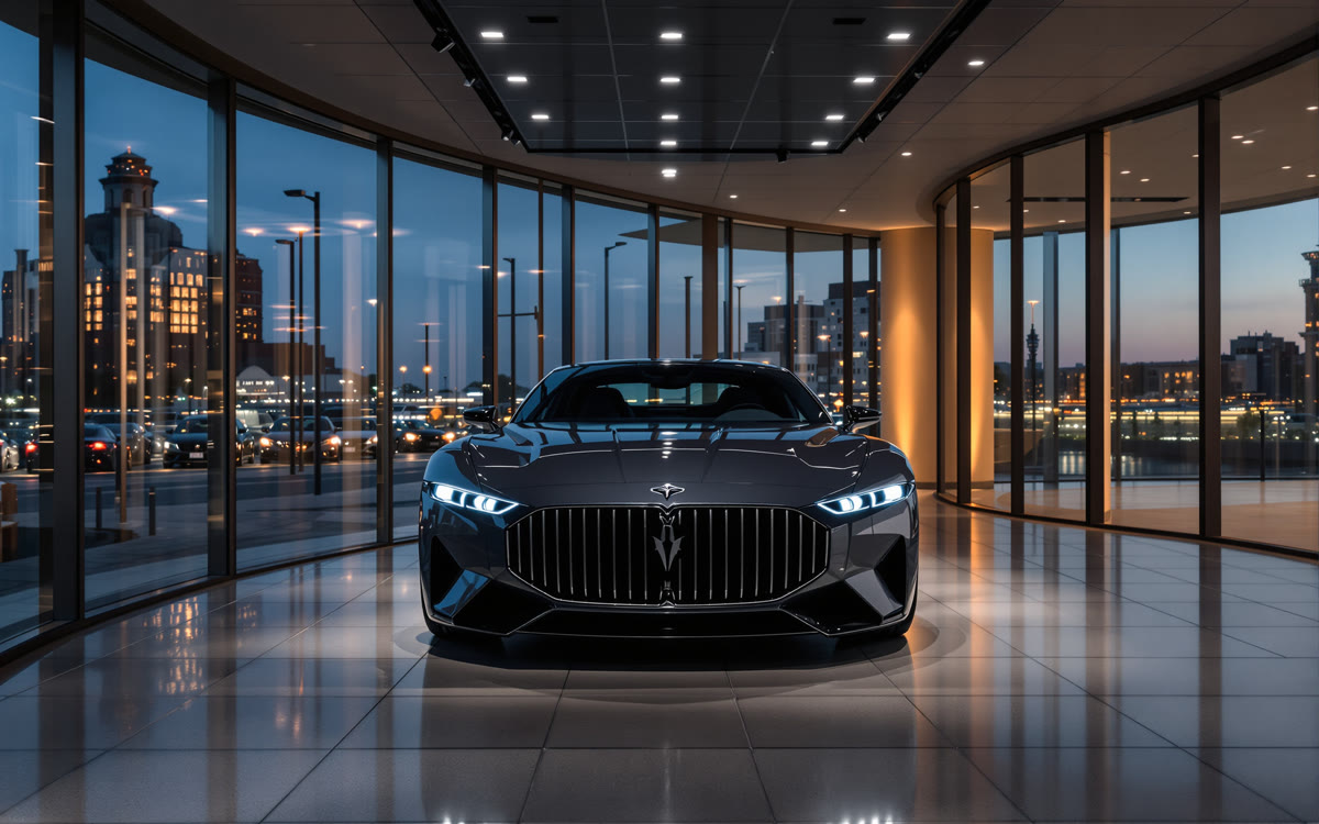 Example article hero: An unbadged dark grey coupe under spotlights in a glass-walled dealership at dusk