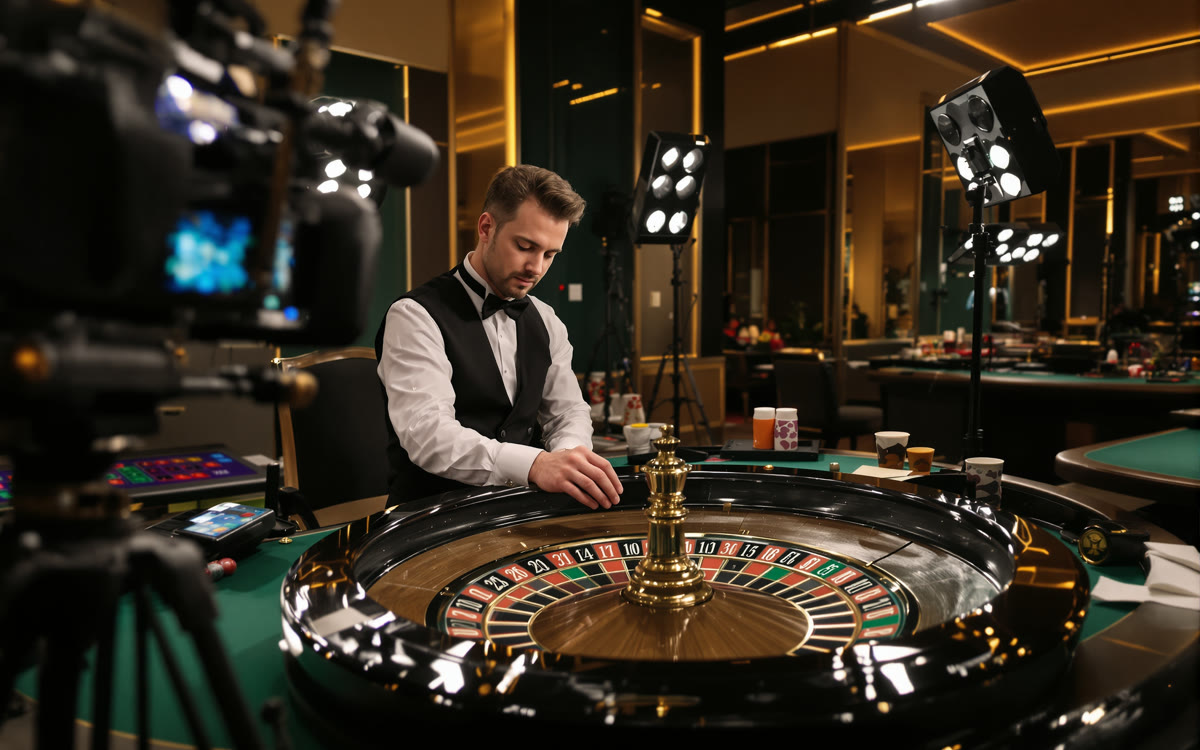Example article hero: A croupier at a roulette wheel in a live-dealer casino studio, broadcast camera in front