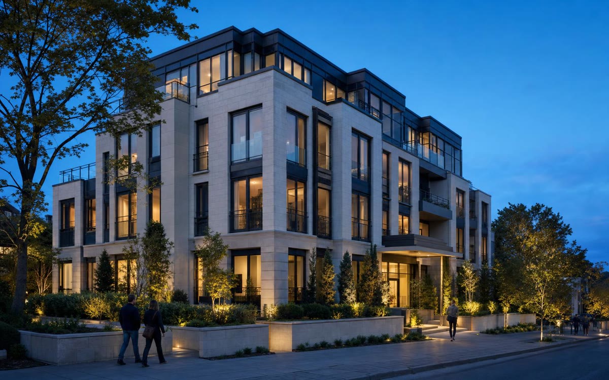 Example article hero: A new limestone and glass condominium building at blue hour, warm lit windows