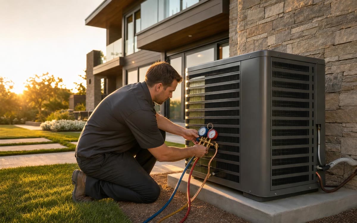 Example article hero: An HVAC technician connecting refrigerant gauges to a new heat pump beside a contemporary home