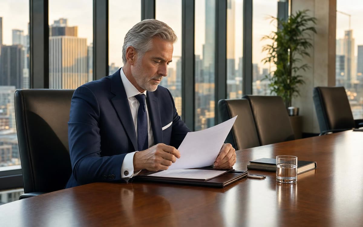 Example article hero: A senior lawyer in a navy suit reading a contract at a boardroom table above the city