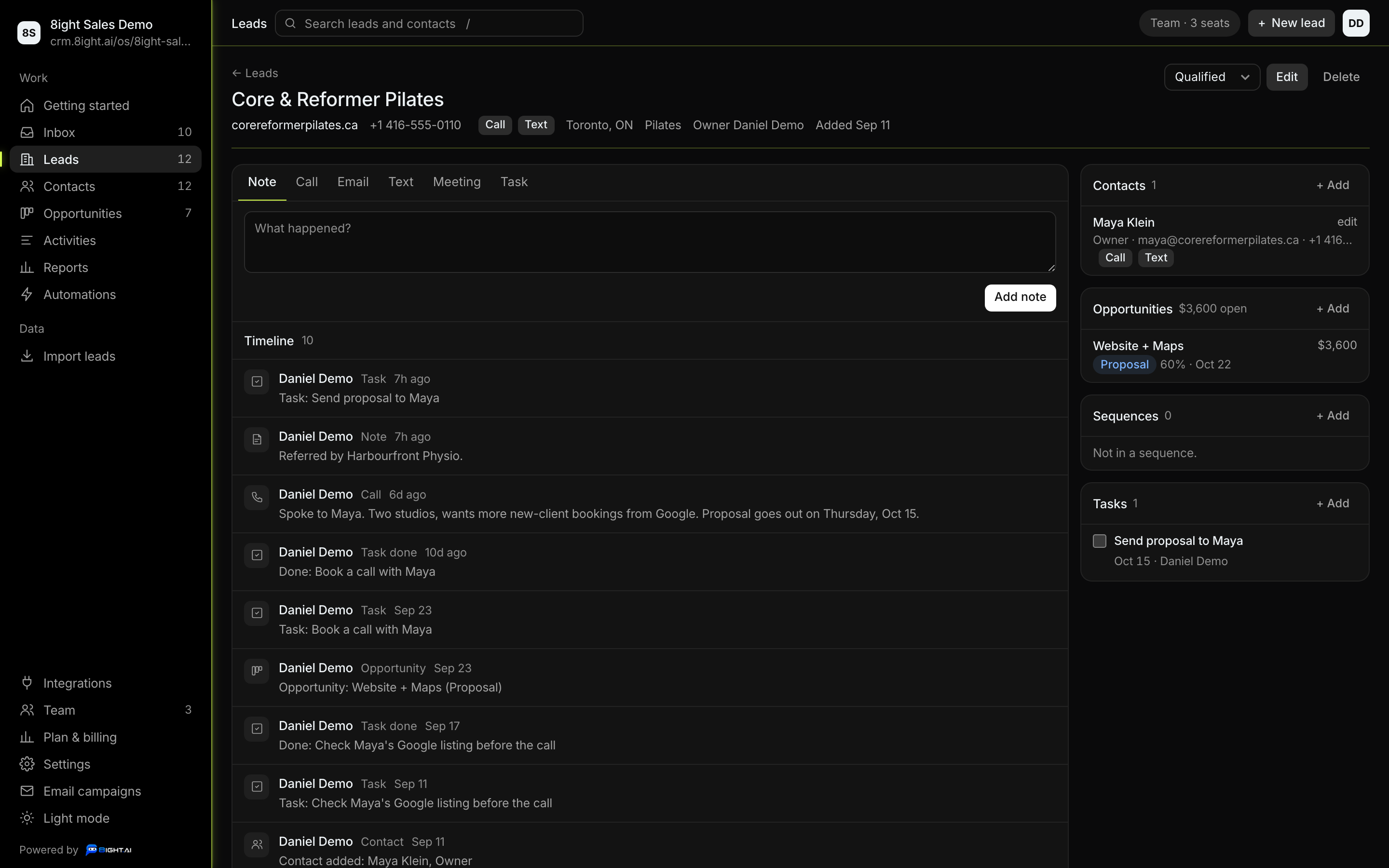 One lead: contacts, opportunities and tasks on the side, the timeline in the middle