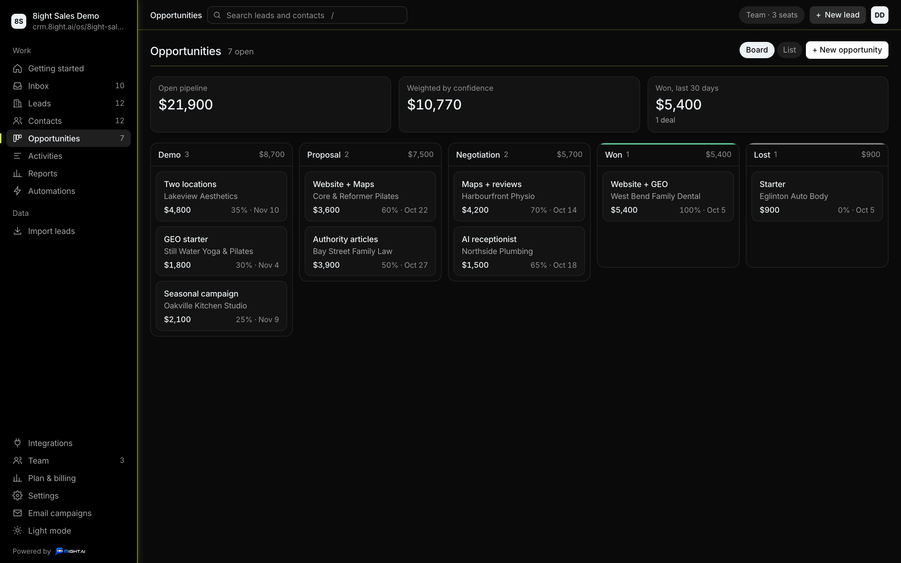 The Sales OS pipeline board: five stages, each deal a card with its value and confidence