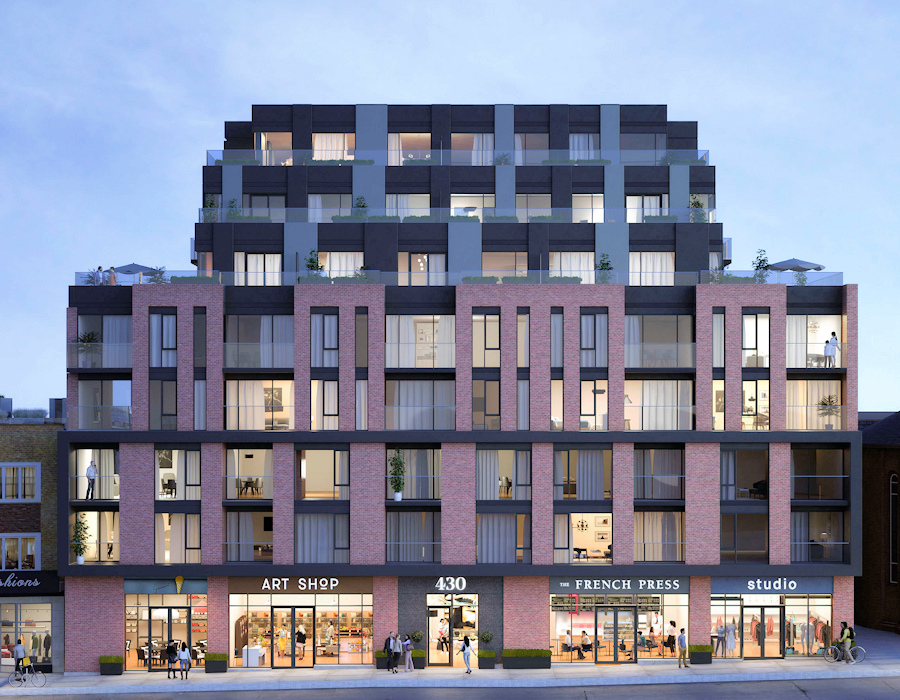 Architectural rendering of The Roncy, an 8-storey mixed-use building with retail at grade on Roncesvalles Avenue, Toronto