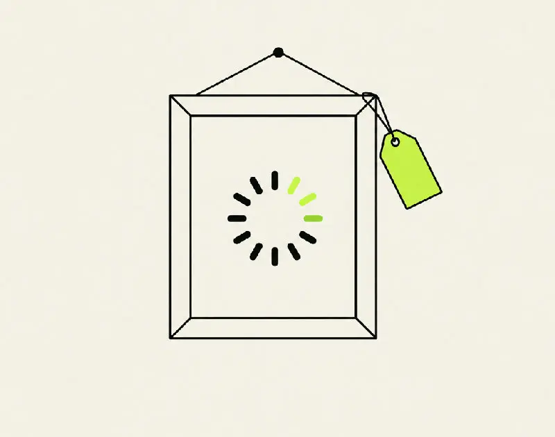 An illustration of an empty picture frame, half filled with soft color as if still loading, with a small blank price tag hanging from its lower edge.
