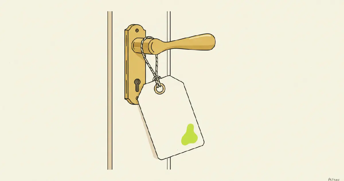 An illustration of a blank paper luggage tag tied with string to the handle of a closed door, standing for a label that shows where a visitor came from.