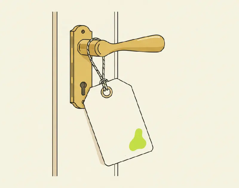 An illustration of a blank paper luggage tag tied with string to the handle of a closed door, standing for a label that shows where a visitor came from.