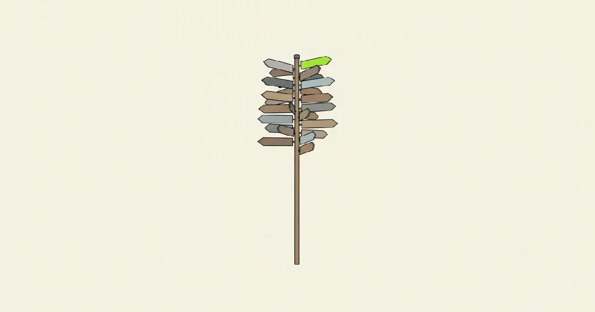 An illustration of a wooden signpost crowded with new arrows pointing in different directions, standing beside an empty tally counter.