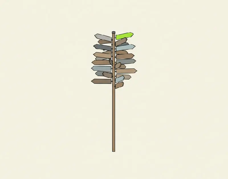 An illustration of a wooden signpost crowded with new arrows pointing in different directions, standing beside an empty tally counter.