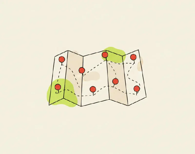 An illustration of a paper map with a neatly outlined service area and several pins stuck far outside its border.
