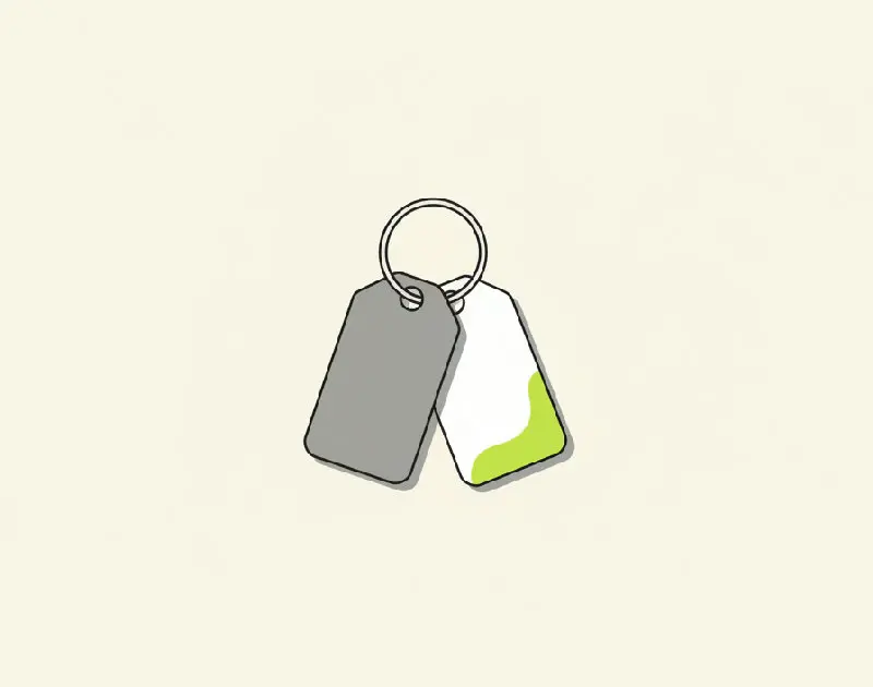 An illustration of a brass house key on a ring with an old, worn key tag still attached beside a new one.