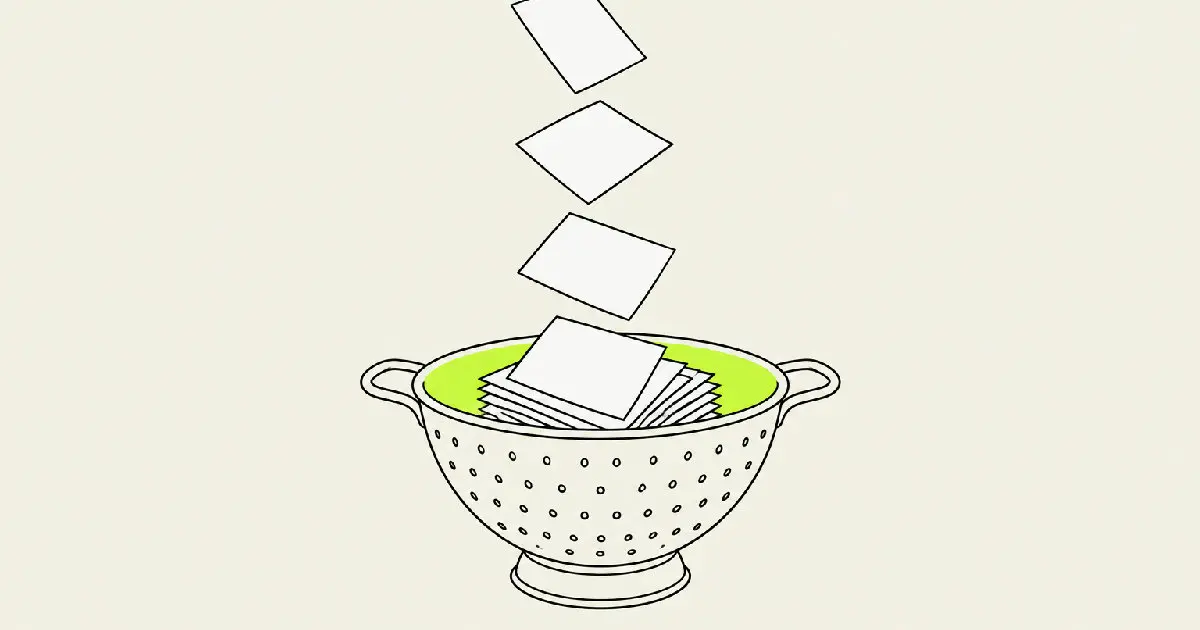 An illustration of a metal kitchen sieve holding back a heap of identical blank paper sheets while one distinctly shaped sheet slips through.