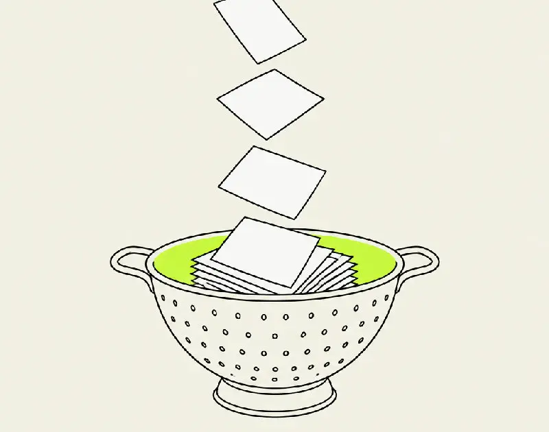 An illustration of a metal kitchen sieve holding back a heap of identical blank paper sheets while one distinctly shaped sheet slips through.